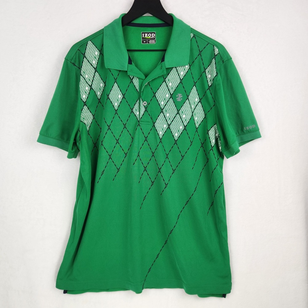 IZOD Golf Polo Shirt Mens Large Green Argyle Graphic Short Sleeve Pique